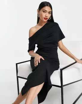 Черное платье-карандаш миди со складками на плечах ASOS DESIGN