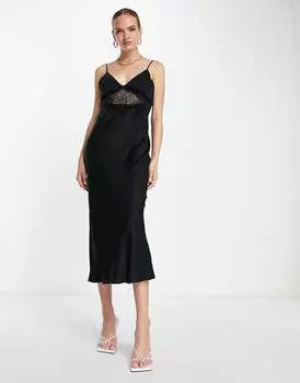 Черное платье-комбинация миди с кружевной отделкой Topshop