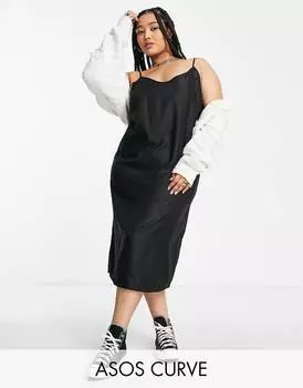 Черное платье-комбинация миди с v-образным вырезом ASOS DESIGN Curve