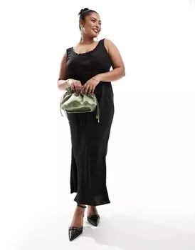 Черное платье-комбинация миди с вырезом в рубчик ASOS DESIGN Curve