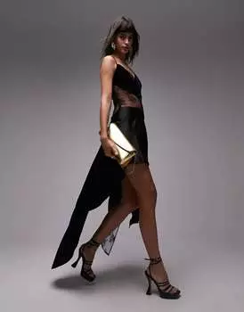 Черное платье-комбинация на бретельках со вставками из бархата и кружева Topshop