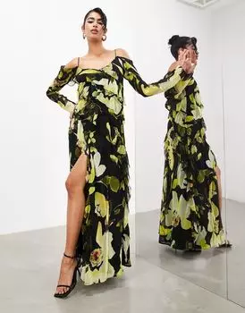 Черное платье макси косого кроя с длинными рукавами и оборками по краям ASOS EDITION