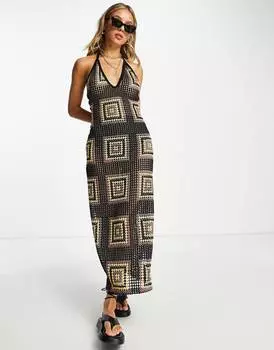 Черное платье макси крючком с квадратным принтом ASOS DESIGN