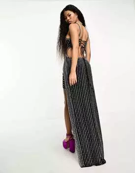 Черное платье макси на бретелях и драгоценными камнями ASOS DESIGN Petite