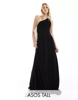 Черное платье макси на одно плечо с присборенными складками ASOS DESIGN Tall