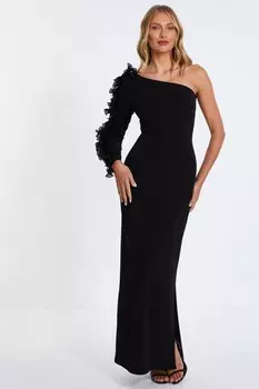 Черное платье макси на одно плечо с оборкой QUIZ Clothing