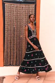 Черное платье-макси на широких бретелях с вышитым мотивом Monsoon, черный