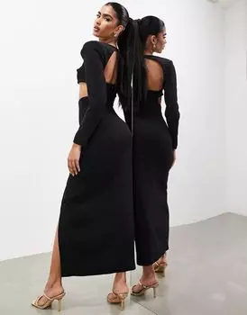 Черное платье макси с длинными рукавами и квадратным вырезом ASOS