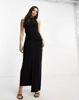 Черное платье макси с драпированным вырезом-лодочкой ASOS DESIGN
