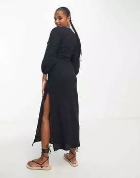 Черное платье макси с естественной складкой и шнуровкой ASOS DESIGN Petite