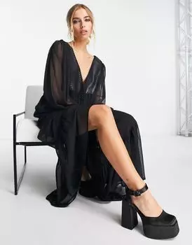 Черное платье макси с лоскутной отделкой крючком и кожей ASOS DESIGN