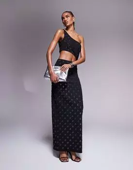Черное платье макси с отделкой на одно плечо и заклепками ASOS DESIGN