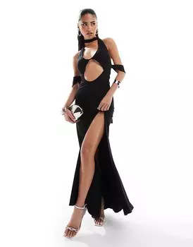 Черное платье макси с открытыми плечами и вырезами ASOS DESIGN