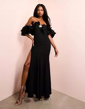 Черное платье макси с открытыми плечами и отделкой ракушками ASOS LUXE