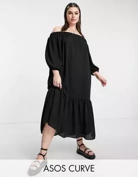 Черное платье макси с открытыми плечами и бахромой ASOS DESIGN Curve