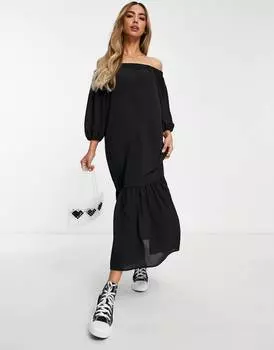 Черное платье макси с открытыми плечами и трапецией ASOS DESIGN