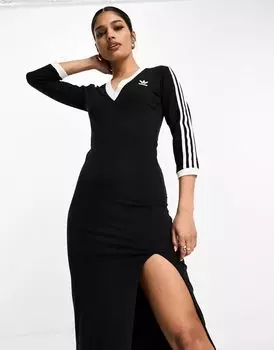 Черное платье макси с треугольным вырезом и тремя полосками adidas Originals