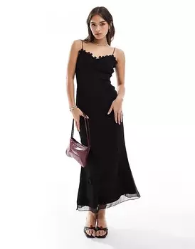 Черное платье макси с v-образным вырезом и цветочной вышивкой ASOS DESIGN