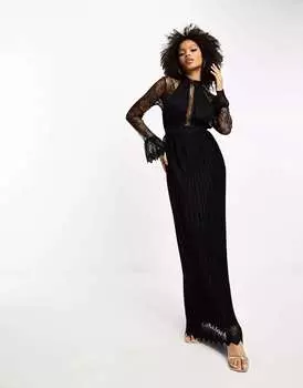 Черное платье макси с высоким воротником и кружевной отделкой TFNC