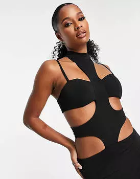 Черное платье макси с высоким воротником и вырезом Simmi Petite