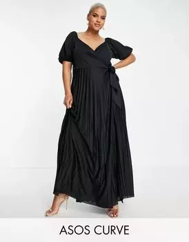 Черное платье макси со сборками и пышными рукавами ASOS DESIGN Curve - BLACK