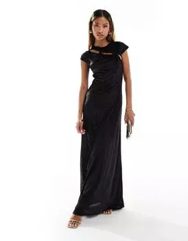 Черное платье макси со шнуровкой и короткими рукавами ASOS DESIGN с леопардовым принтом