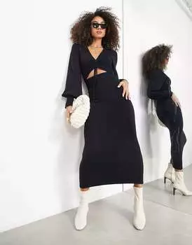 Черное платье макси тонкой вязки с вырезом на талии ASOS