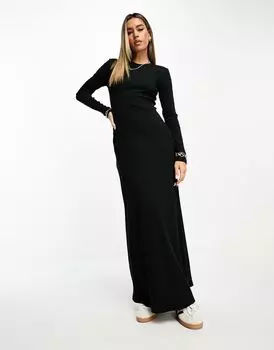 Черное платье макси в рубчик с круглым вырезом и колоннами ASOS DESIGN