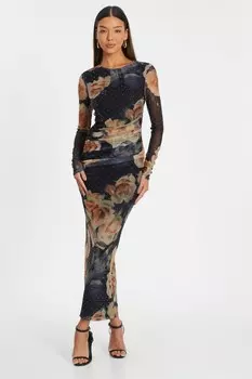 Черное платье Midaxi с цветочным принтом и стразами QUIZ Clothing