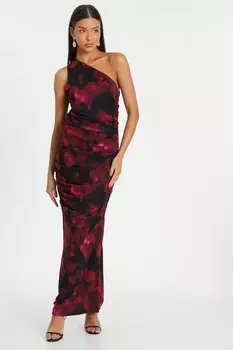 Черное платье мидакси с цветочным принтом на одно плечо QUIZ Clothing