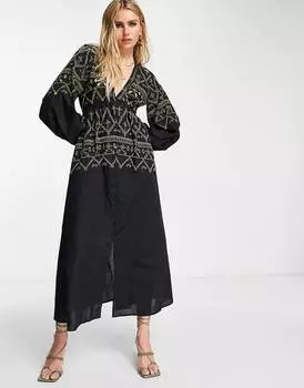 Черное платье мидакси с вышивкой на пуговицах ASOS DESIGN
