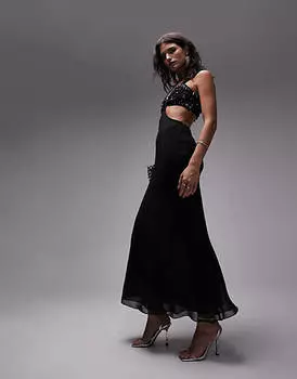 Черное платье миди без косточек с прозрачным узлом и декором Topshop