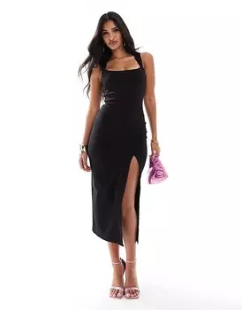 Черное платье миди длиной до бедра с квадратным вырезом и толстыми бретелями Vesper