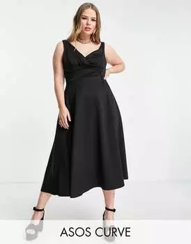 Черное платье миди для выпускного с пуговицами ASOS DESIGN Curve