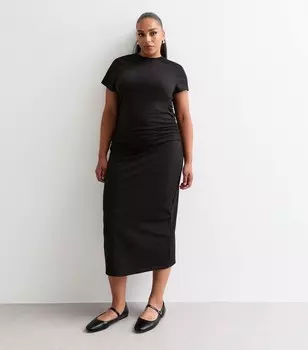 Черное платье миди из хлопковой смеси Curves со сборками и завязками по бокам New Look, черный