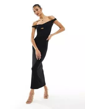 Черное платье миди из мягкой линии с минималистичным вырезом и вырезом ASOS DESIGN
