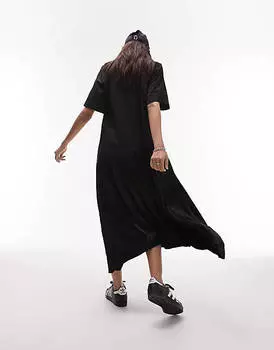 Черное платье миди из поплина и атласа с молнией спереди Topshop