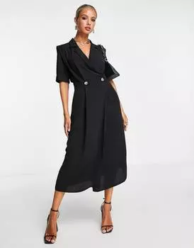 Черное платье миди из смокинга с запахом и подплечниками ASOS DESIGN