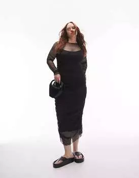 Черное платье миди из жатой сетки и рюшами Topshop