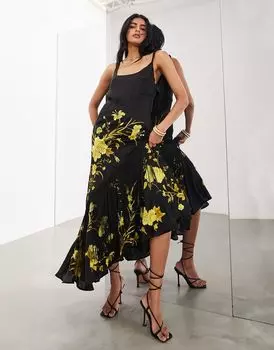 Черное платье миди косого кроя с бахромой и цветочной вышивкой ASOS EDITION