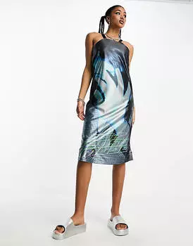 Черное платье миди на бретельках с пряжкой и логотипом Basic Pleasure Mode