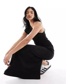 Черное платье миди на одно плечо со рюшами по бокам ASOS