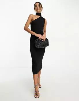 Черное платье миди на одно плечо с воротником-бретелькой ASOS DESIGN