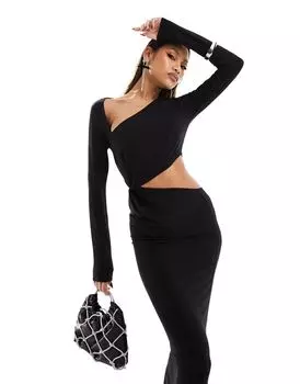 Черное платье миди с асимметричным вырезом и вырезом ASOS DESIGN