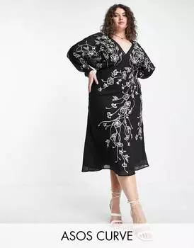 Черное платье миди с цветочной вышивкой в ​​виде крыла летучей мыши ASOS DESIGN Curve