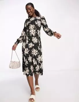 Черное платье миди с цветочным принтом New Look