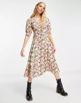 Черное платье миди с цветочным принтом ASOS DESIGN