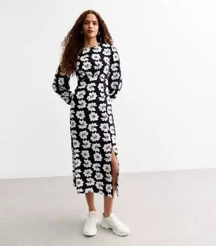 Черное платье-миди с длинным рукавом с цветочным принтом New Look, черный