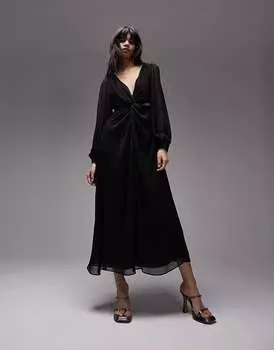 Черное платье миди с длинными рукавами и вырезами Topshop