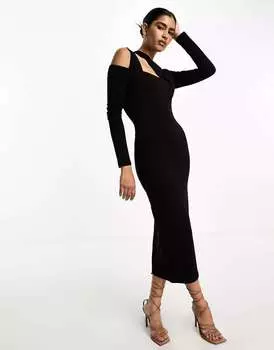 Черное платье миди с длинными рукавами и бретельками ASOS